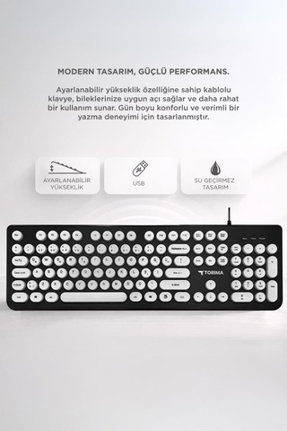 Premium Ev Ofis Gereci Tuş Takımı Kablolu Q Klavye Retro Daktilo Tk09 Siyah Beyaz