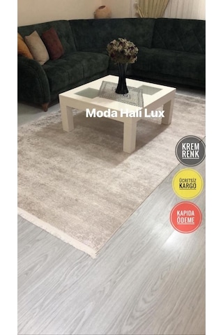 Krem Kaymaz Tabanlı Makinede Yıkanabilir Halı Kilim Yolluk Krem