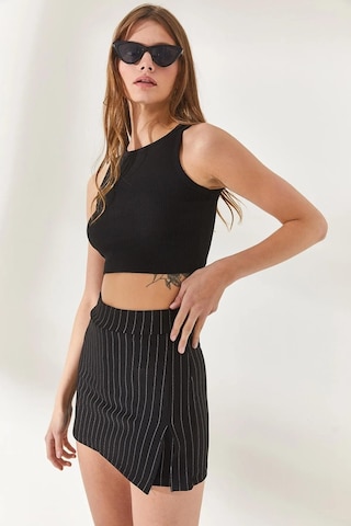 Alisse Kadın Siyah Çizgili Likralı Mini Yırtmaçlı Şort Etek Siyah Çizgili Siyah
