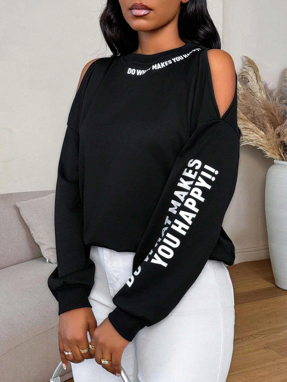 Premium 3 İplik Kumaş Siyah Sweatshirt Oversize Rahat Kalıp Siyah Minimal Baskılı Siyah