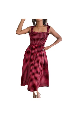 Gmxıa İlkbahar Yaz Rahat Bağcıklı Renk Kontrast Ekose Orta Boy Elbise Kadınlar İçin Kırmızı