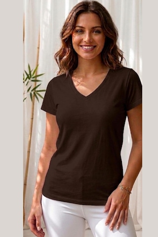Thiff Gymwear Kadın Kısa Kollu V Yaka Basic Tişört T-shirt 3'lü Set Kahverengi - Beyaz - Lacivert