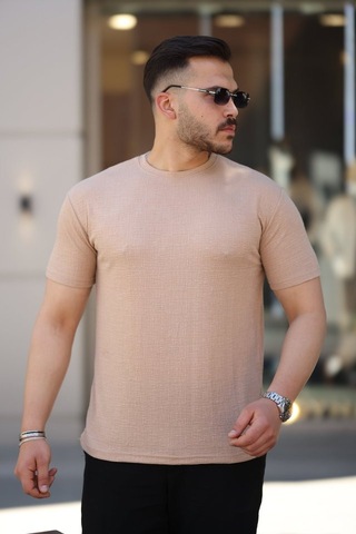 Veraura Lifestyle Erkek Ağaç Kabuğu Desenli Kısa Kollu T-shirt bej