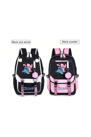 Honeybeeshop Disney Stitch Siyah 2 Büyük Kapasiteli Sırt Çantası Pembe Ve Siyah Tasarım Stitch Lilo İllüstrasyonlu Hafif Polyester Seyahat Çantası Siyah 2