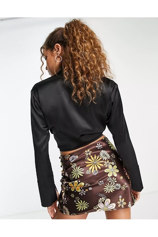 Fashion Cocktail Saten Önden Bağlamalı Dekolte Gece Kokteyl Kombin Uzun Kol Krop Bluz Siyah