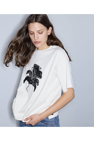İpekyol Tül Ve Nakış Aplikeli Ekru Kadın T-shirt Iw6260070170