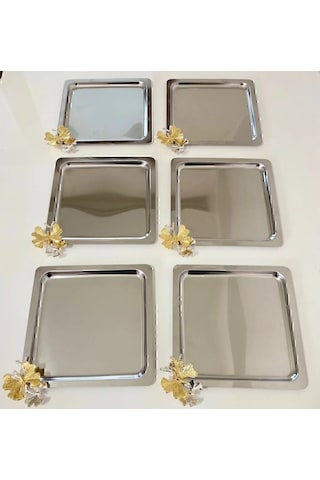 Bimote 6 Lı Paslanmaz Çelik Kare Gümüş Kelebekli Tepsi