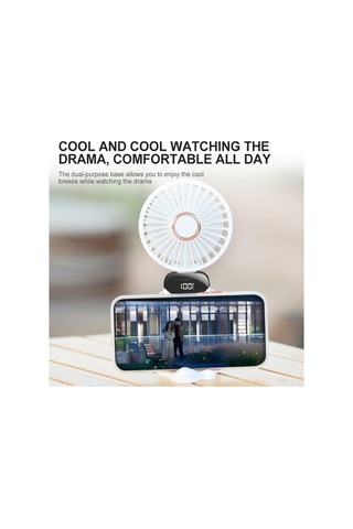Pazly Beyaz Led Ekranlı Mini Fan: 5 Hız Seviyesi, 90 Katlanabilir, Telefon Tutucu, Askılı, Li-poly Batarya