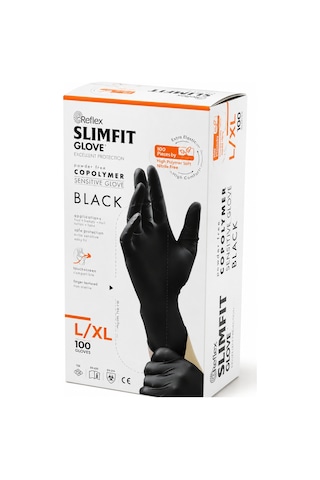 Reflex Slimfit Siyah Pudrasız Muayene Eldiveni L-xl 100 Lü Tek Kullanımlık Koruyucu Eldiven