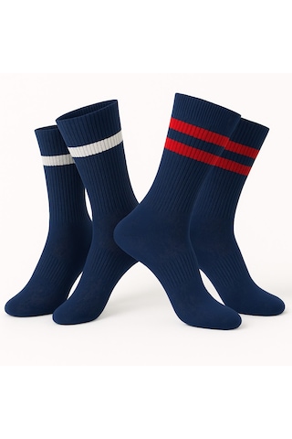 Erkek Lacivert Soket Çorap 2 Li Set Çizgili Pamuklu Spor Ve Günlük Kullanım Plus Scorpion Lacivert