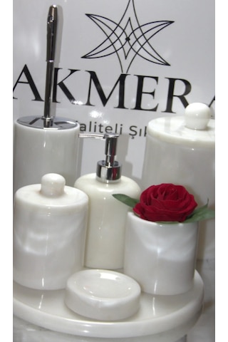 Akmera Home Mermer Kulplu 7 Parça Şık Banyo Seti Özel Tasarım Beyaz