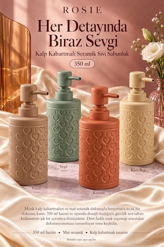 Rosıe Kiremit Kabartma Kalp Desenli Yuvarlak Seramik Sıvı Sabunluk 350 Ml Karışık