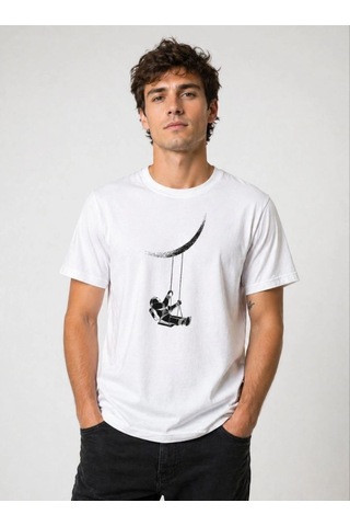 Novalisse Erkek Astronot Ay Temalı Tişört Kısa Kol Yazlık Bisiklet Yaka T-shirt - Beyaz Çoklu Renk