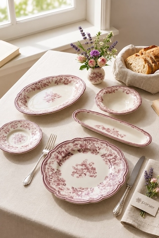Porser Porselen Velour Maroon Fulya Kahvaltı Seti 6 Kişilik 20 Parça Çok Renkli