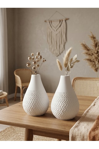 Kaveld Vela 2'li El Yapımı Mermer Tozu Vazo, Armut Form Minimalist Kuru Çiçek Vazоsu Beyaz