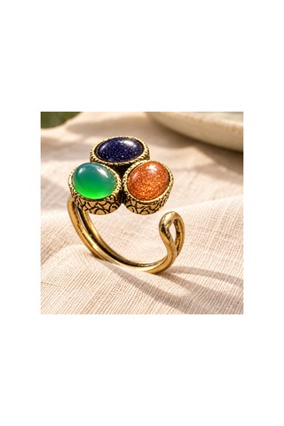 Esoo Jewelry Doğal Taş Detaylı 3 Taşlı Vintage Gold Ayarlanabilir Kadın Yüzük - Lacivert Yeşil Kahve Mavi - Yeşil