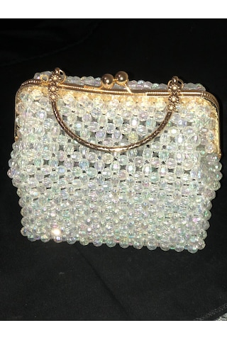 Clutch,, Boncuk Abiye Çanta Beyaz