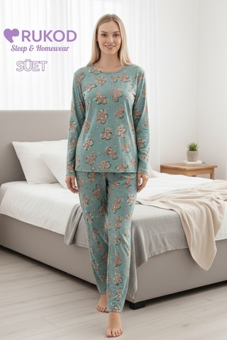 Rukod Kadın Mint Yeşili Ayı Desenli Kışlık Bisiklet Yaka Uzun Kol Pijama Takımı Mint Yeşili
