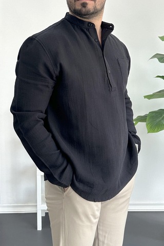 Erkek Hakim Yaka Yarım Patlı Cepli Gömlek Siyah Edw361 Siyah