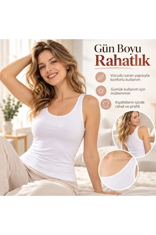 Genel Kadın Pamuklu Kalın Askılı Derin Oval Yaka Düz Atlet Beyaz Günlük Kullanım İçin Şık Ve Rahat Atlet