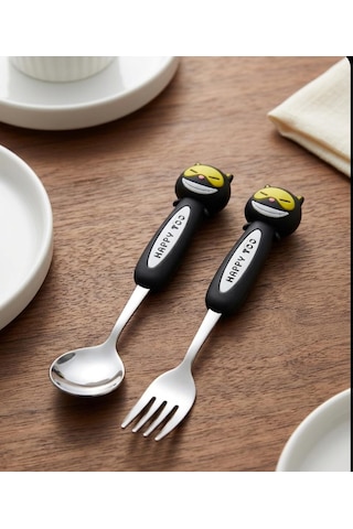Sevimli Figürlü Premium Çocuk Bpa Free Paslanmaz Çelik Uçlu Çatal-kaşık Set 24+ Ay Siyah