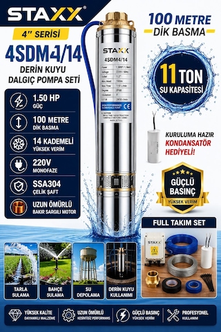 Staxx Çelik Şaftlı 14 Kademeli Derin Kuyu Dalgıç Pompa Sistemi 11ton 4sdm4/14 220v Kalem Dalgıç