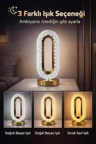 Dokunmatik Şarjlı 3 Kademeli Işıklı Kristal Led Masa Lambası, Altın, 12 X 24 Cm Çok Renkli