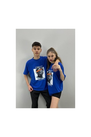 Flood Of Style Unisex Tshirt Mavi Hardheaded Baskılı Sevgili Çift Kombini 2 'li Set