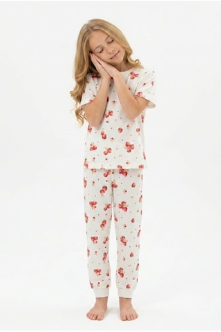 Bunny Hopp Kız Çocuk Pijama Takımı %100 Pamuk Çilek Desenli Yazlık Kısa Kollu Beyaz