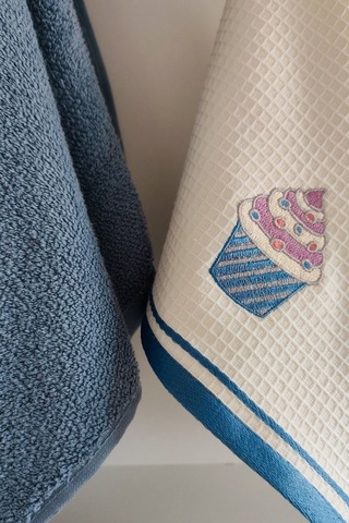 2 Li Mutfak Havlusu %100 Pamuk - Cupcake Nakışlı - 40x60 Cm Indıgo Indigo