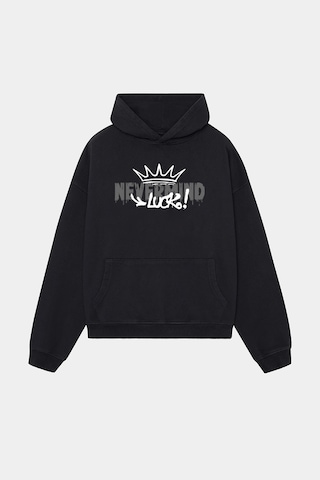 Unisex Beyaz Kapüşonlu Sweatshirt - Luck Baskılı Oversize Hoodie Siyah