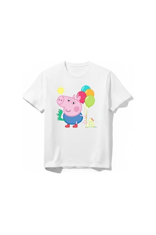 Urbantrendstore Peppa Pig Temalı Unisex Kız Çocuk Erkek Çocuk Bisiklet Yuvarlak Yaka Basic Kısa Kollu %100 Pamuk Tişört Beyaz