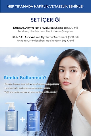 Arındıran, Nemlendiren, Hacim Veren Saç Bakım Seti Kundal Airy Volume Hyaluron Shampoo + Treatment