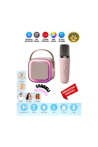 K12 Kablosuz Bluetooth Hoparlör Pembe Karaoke Mikrofon 5 Ses Efektli Rgb Hd Stereo Ses Usb/sd/fm