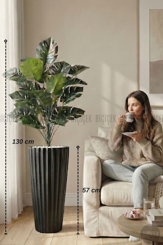 Biçiçek Yapay Monstera Deve Tabani Bi̇tki̇si 130 Cm Si̇yah Li̇lyum Saksıda