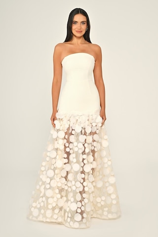 Krep Eteği 3 Boyutlu Tül Uzun Abiye Elbise Alfa Beta B7067 Ekru