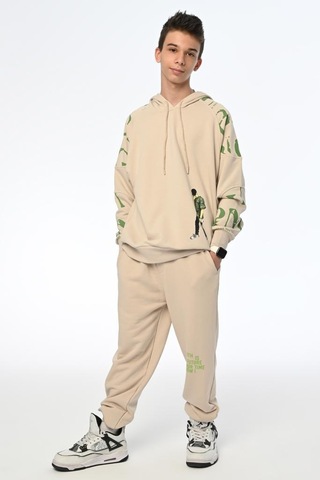 Erkek Çocuk Kamuflaj Baskılı Kapüşonlu Sweatshirt-13409-bej