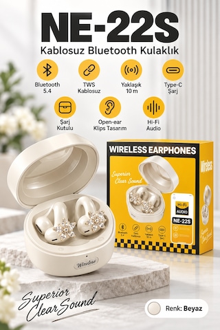 Ne-22s Tws Kablosuz Bluetooth 5.4 Open-ear Klips Küpeli Bayan Kulaklığı - Beyaz