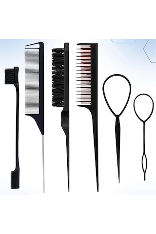 6 Parça Saç Şekillendirici Tarak Seti, Saç Fırçası, Sıçan Kuyruğu Kenar Fırçası, Çift Başlı Tarak, Üçlü Saç Fırçası, Kadınlar Ve Kızlar İçin Saç Çekme İğnesi Siyah