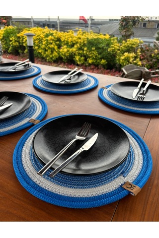 6 Lı Yuvarlak Supla Takımı Kolay Temizlenebilir, Modern Sofralar İçin Beyaz - Mavi