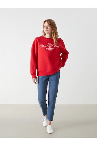 LC Waikiki Bisiklet Yaka Baskılı Oversize Kadın Kalın Sweatshirt Kırmızı