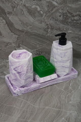 4 Parça Mor Mermer Desenli Beton Banyo Seti Diş Fırçalığı Sıvı Katı Sabunluk Tepsi Lila