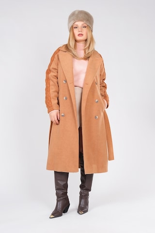 Giyim Dünyası Kadın Kolları Triko Örgü Detaylı Bel Kuşaklı Kaşe Kaban Camel 001