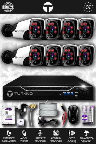 Turkno 8 Kameralı Pania 8 Dış Kamera Set 500 GB HDD Full HD Gece Görüşlü Güvenlik Kamerası Sistemi
