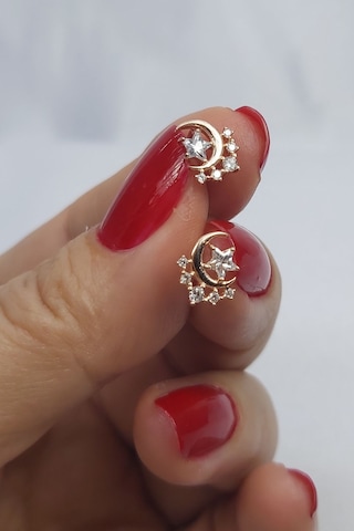 925 Ayar Rose Renk Yıldızlı Hilal Gümüş Küpe