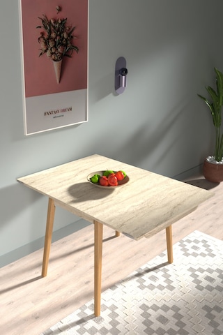 Vilinze Avanos Ahşap Ayaklı Katlanır Kanatlı Mdf Mutfak Masası - 60x90+60 90x120 Cm Traverten