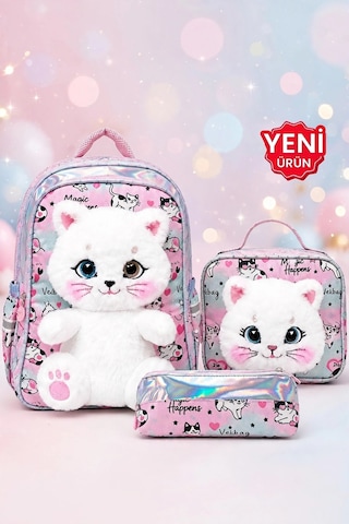 Markahit Premium Kız Çocuk Peluş Kedili Anaokulu Ve İlkokul Sırt Çantası Termal Beslenme Çantası Ve Kalemli Pembe