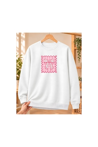 Mor Mürekkep Kadın %100 Pamuk 3 İplik Şardonlu Pötikare Kalpli Fiyonk Baskılı Bisiklet Yaka Sweatshirt Beyaz