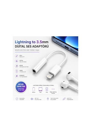Lightning To 3.5mm Kulaklık Adaptörü Dijital Ses Dönüştürücü Aux Çevirici Müzik Destekli Beyaz