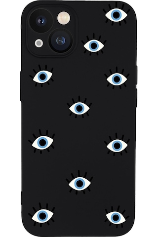 Iphone 13 Uyumlu Nazar Gözler Desenli Kamera Lens Korumalı Darbe Emici Silikonlu Lansman Kılıf Siyah